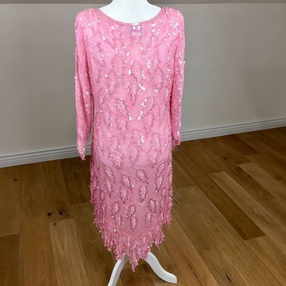 Vintage 80’s Silk Sequin Midi Shift Dress Long Sleeve Cocktail Dress - Picture 9 of 12